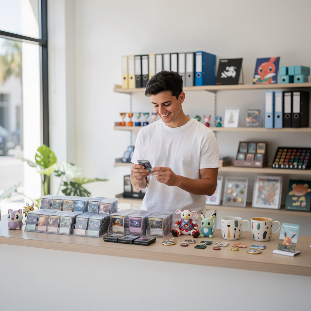 Moon River merchandise display including magnets, coasters, and apparel for Santa Barbara tourists